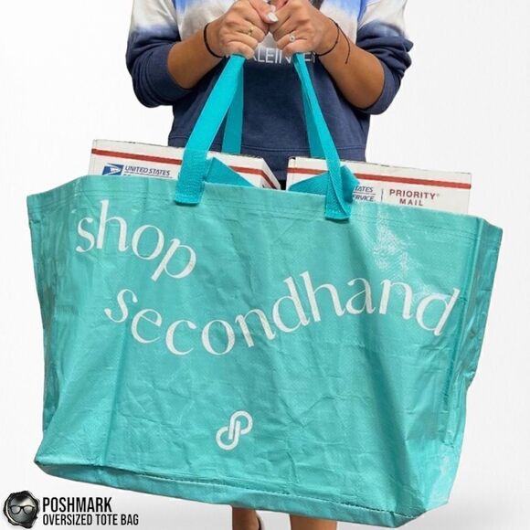 POSHMARK SHOP SECONDHAND OVERSIZED DOUBLE-HANDLE TOTE BAG IN TURQUOISE BLUE NEW - Picture 4 of 6